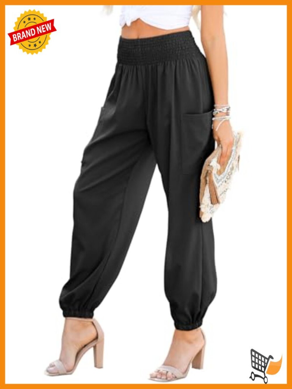 Womens Boho High Waisted Cargo Pants with Pockets Smocked Elastic Waist Tapered